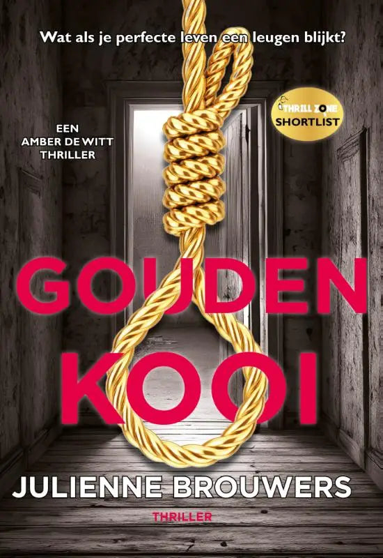 Een gouden kooi met een gouden koordnoose hangt in een donkere houten deuropening voor perfecte leven verhaal