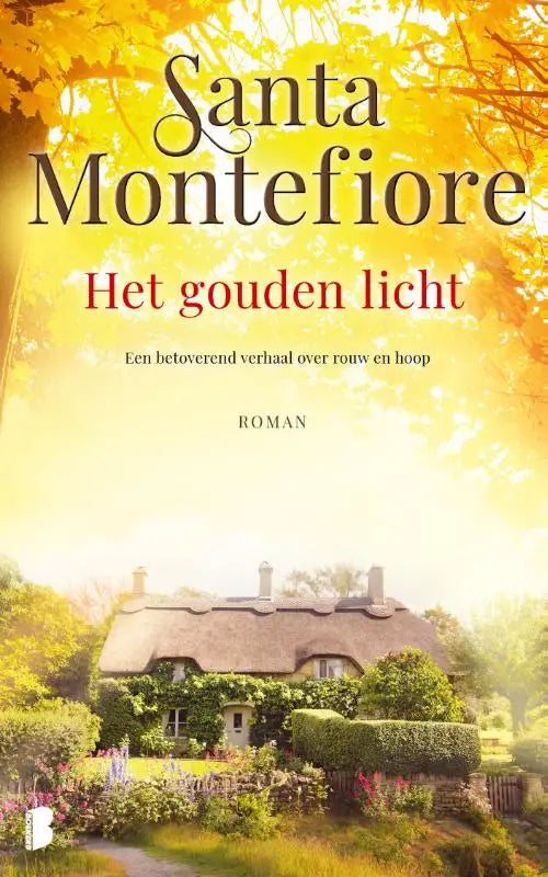 Een charmant rieten huisje in een zonnige tuin met kleurrijke bloemen, passend bij het betoverend verhaal gouden licht