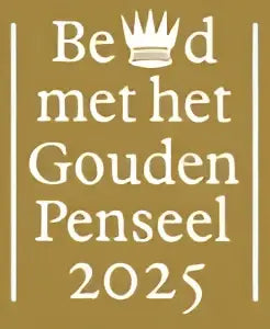 Gouden penseel 2025 productlogo in elegante gouden kleur met sierlijk lettertype voor literaire prijs