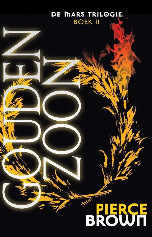 De boekcover van gouden zoon toont witte letters op een zwarte achtergrond met vurige oranje gele vlammen voor jonge lezers