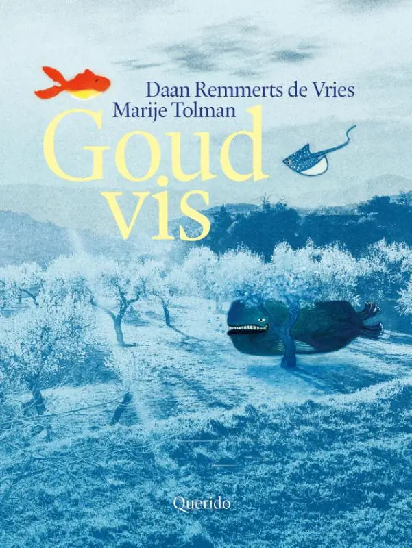 Blauwe boekcover van goudvis met grote donkere vis en gloeiende groene ogen tussen besneeuwde bomen voor jonge lezers