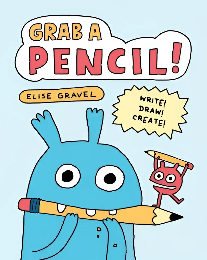 Blauwe cartoonfiguur in grab a pencil product houdt een gele potlood vast om te schrijven tekenen en creëren