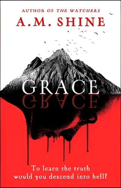 The book cover of the horror novel grace features a black and white mountain silhouette on a red background by a.m