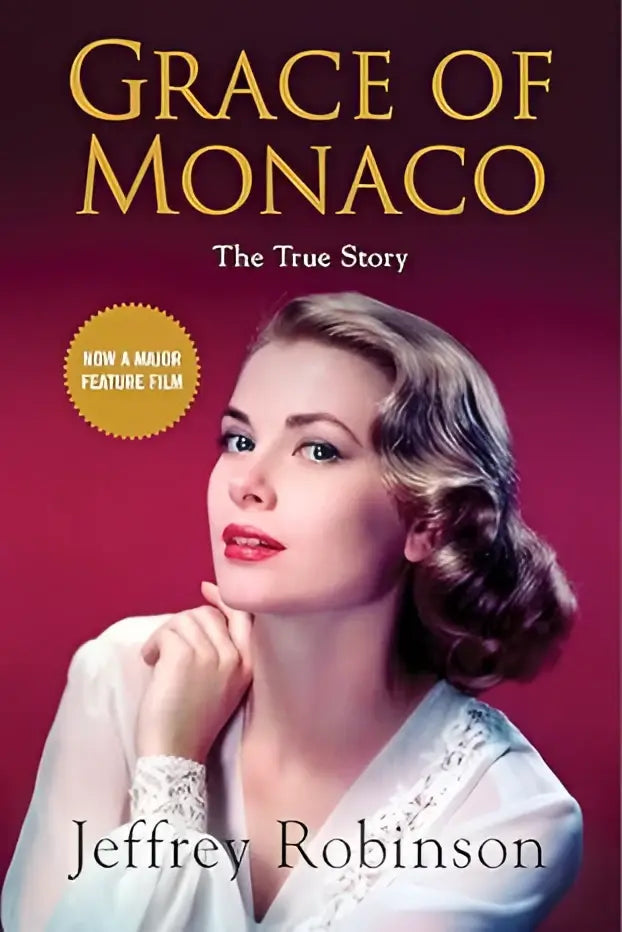 Grace of monaco boek met gouden letters en dieprode omslag met elegante portret van Grace Kelly in wit kanten jurkje