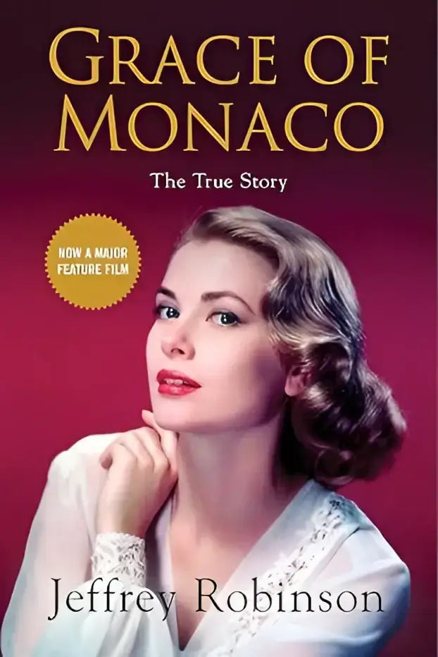 Grace of monaco boek met gouden letters en dieprode omslag met elegante portret van Grace Kelly in wit kanten jurkje