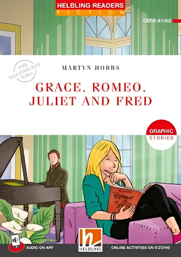Jonge blondine in groene top leest Romeo-boek op paarse bank bij piano, Grace, Romeo, Juliet en Fred