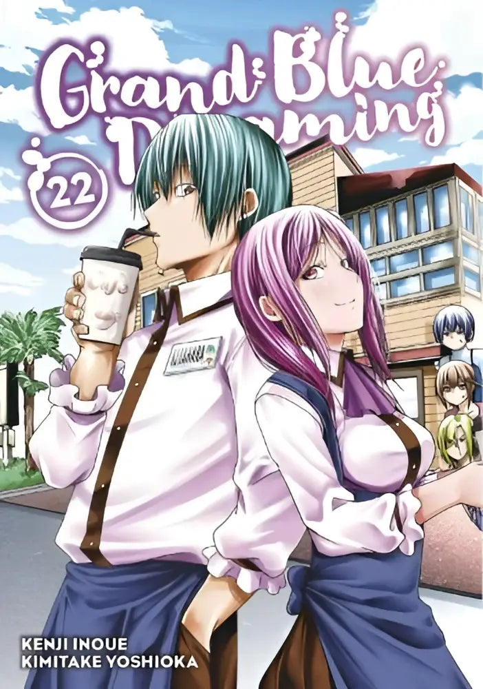 De cover van grand blue dreaming volume 22 toont een jongen met teal haar en een meisje met paars haar in anime stijl