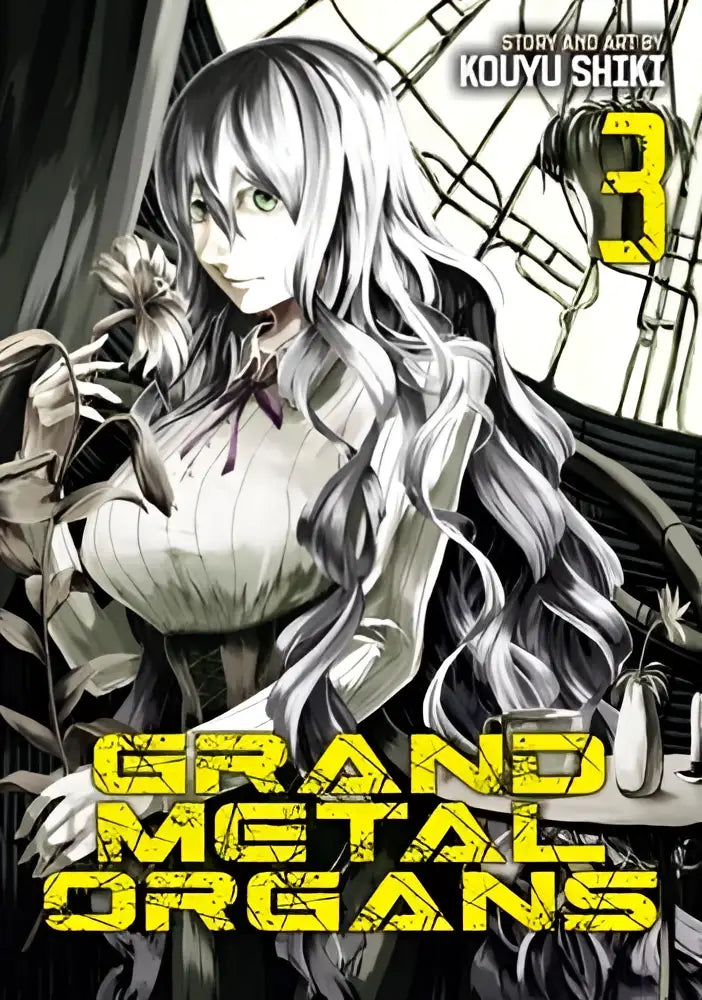 De cover van grand metal organs volume 3 toont een zwart-witte illustratie van een anime vrouw met zilver haar