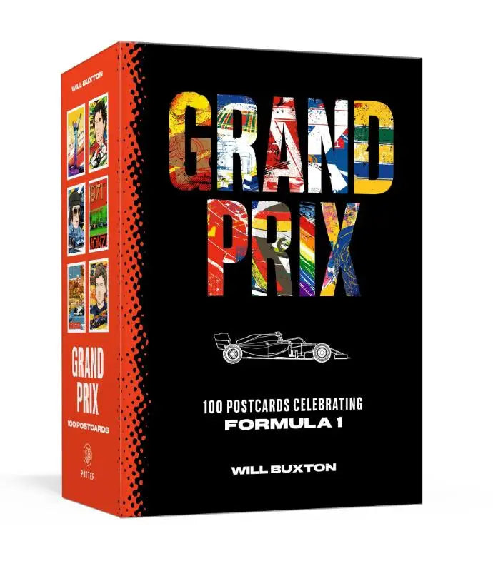 Black and orange boxed set of 100 postcards celebrating formula 1 with colorful grand prix collage lettering