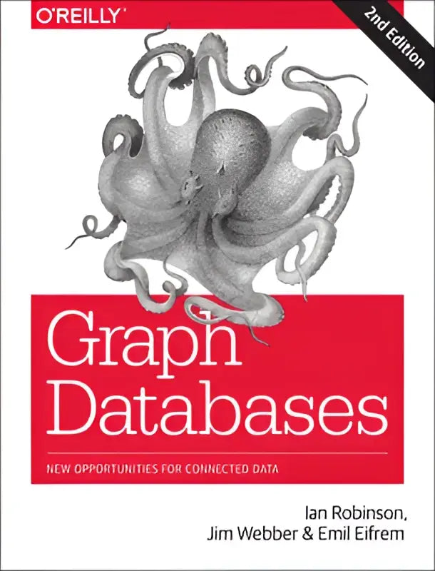 De boekcover van graph databases 2e toont een gedetailleerde zwart-witte octopusillustratie boven de titel op een rode achtergrond