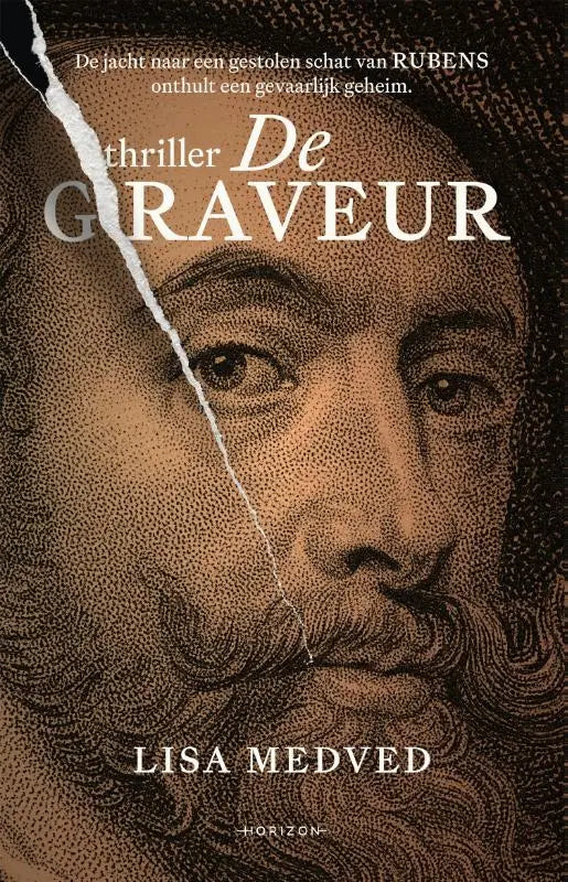 De graveur boek met sepia portret van man met opvallende snor en baard op de omslag