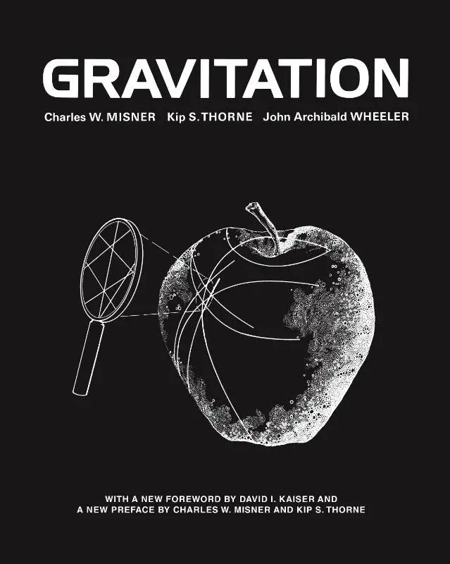 Zwart-witte boekomslag van het boek gravitation door charles w met een gestileerde appel en intersecterende lijnen over het onderwerp gravitation