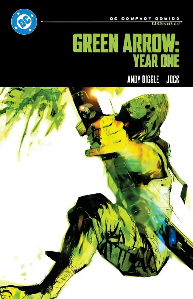 Green arrow year one compact comics edition cover met dynamische afbeelding van personage in groen en geel met boog