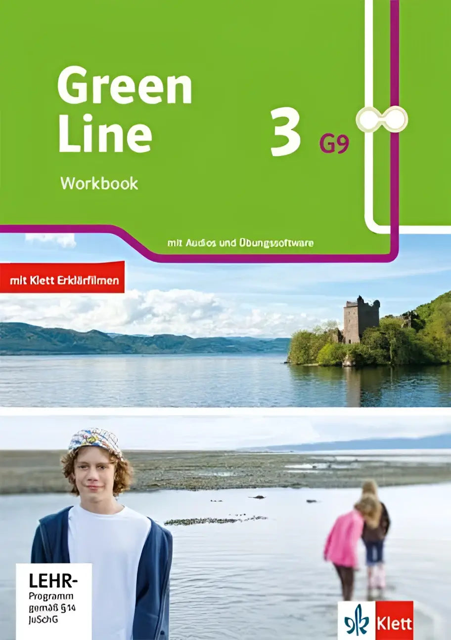Green line 3 g9 workbook mit audios und übungssoftware, grünes cover mit weißen und violetten akzenten, klasse 7