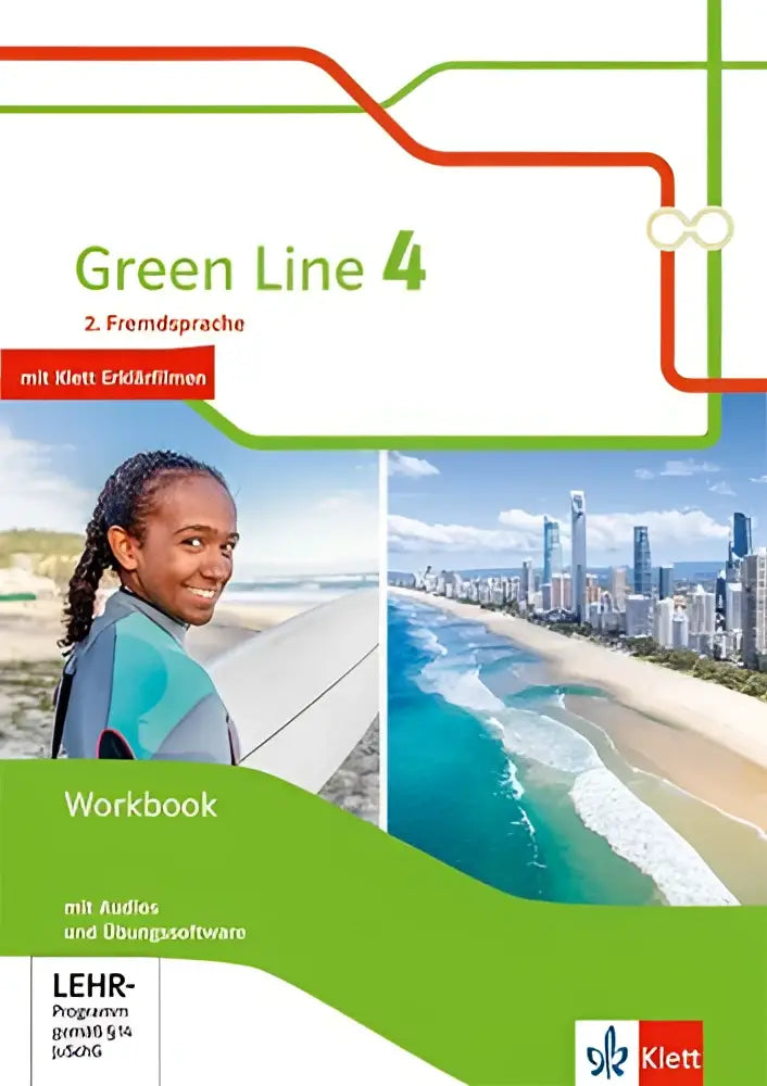 Green line 4 workbook mit audio-cd met een glimlachend meisje en stadsstrand op de omslag van klett