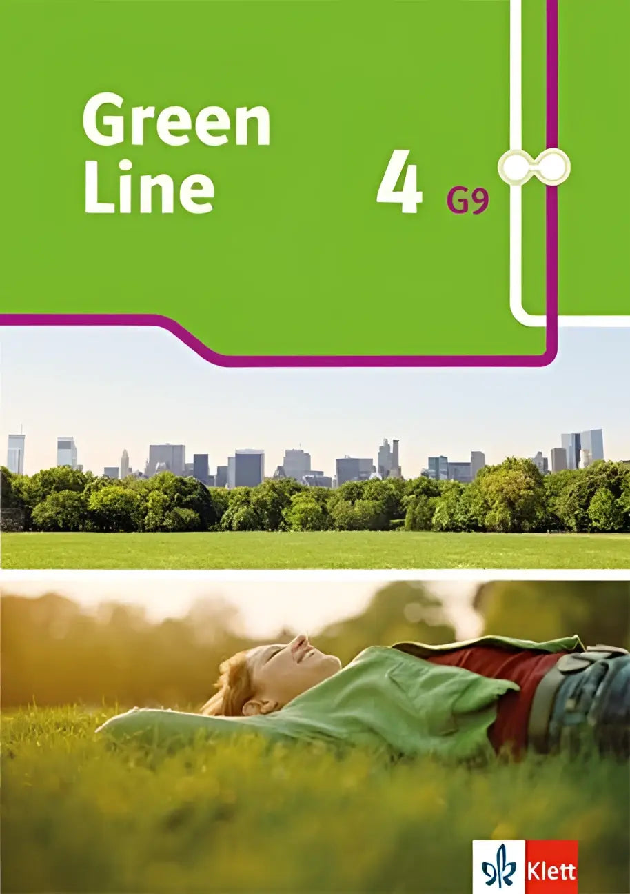 Green line 4 g9 workbook mit audios und mediensammlung mit grünem cover person entspannt im gras vor skyline