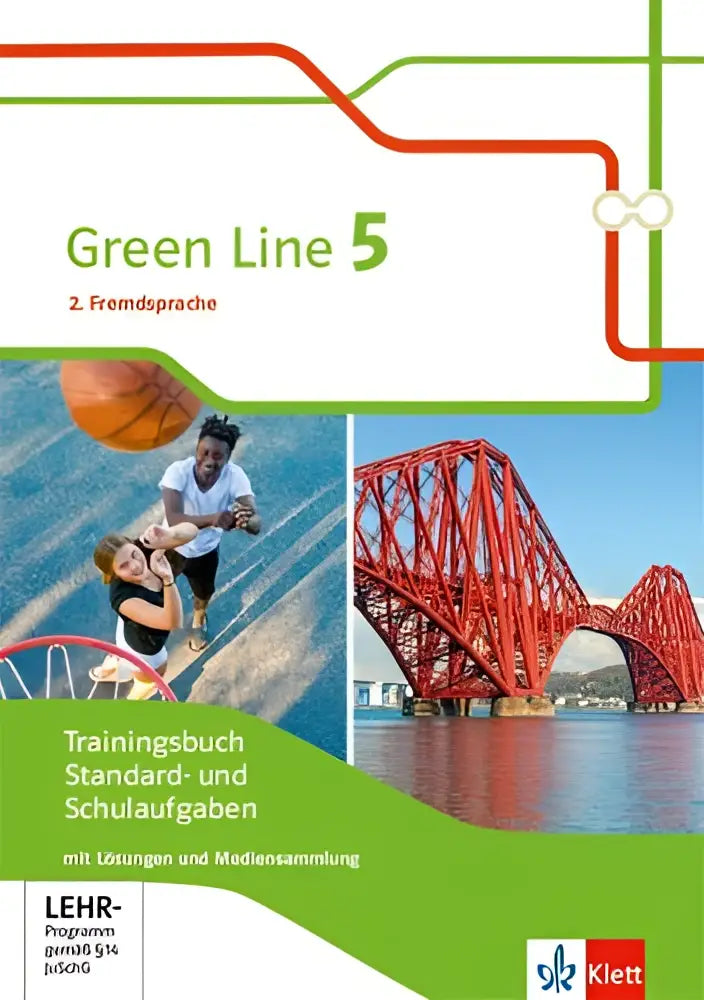 Green line 5 heft mit lösungen und schulaufgaben mit vibrant omslag en afbeeldingen van basketbalspelers en de rode forth-brug