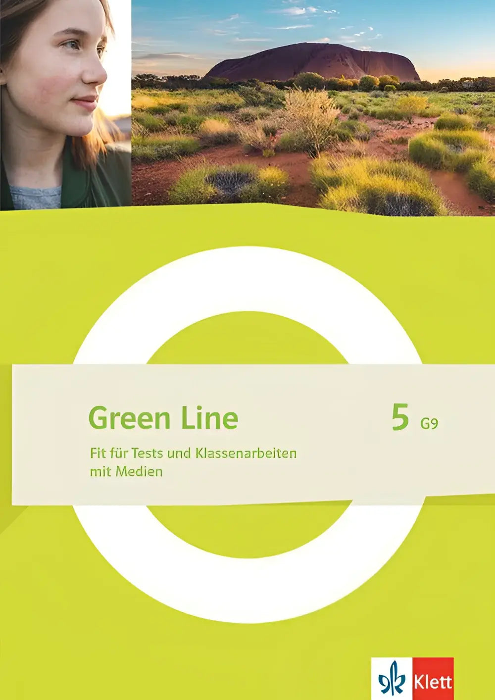 Werkboek green line 5 g9 von klett mit limegrüner front und weißem kreisdesign, arbeitsheft mit medien klasse 9