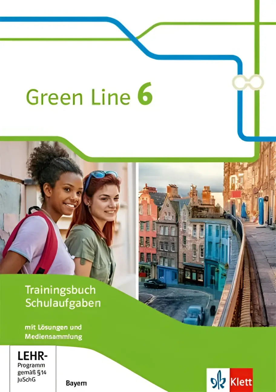 Groen lijn 6 trainingsbuch schulaufgaben und mediensammlung klasse met groen-witte omslag en twee lachende meisjes