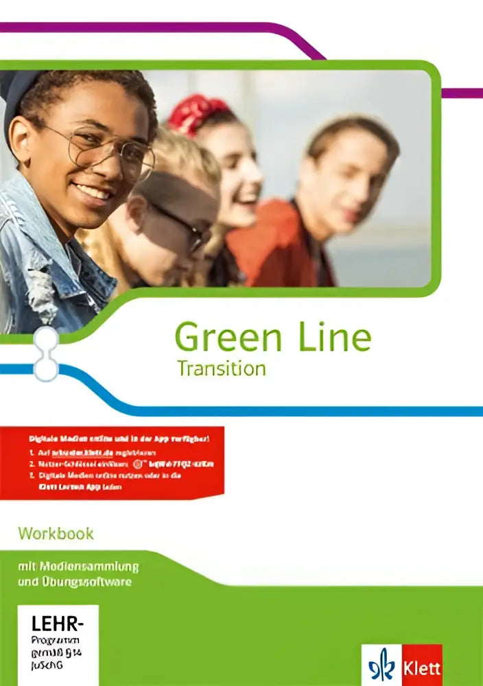 Green line transition workbook mit bunter covergestaltung mit lächelnden schülern und deutschsprachigem text