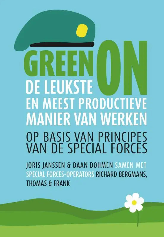 Groene baret met geel embleem voor wereldwijd de leukste en meest productieve manier van werken