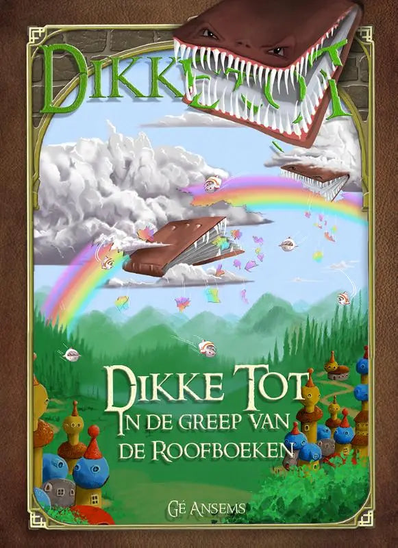 Een fantasierijke kinderboekomslag van een groot bruin leren boek met scherpe tanden zwevend boven een regenboog door uitgeverij macc