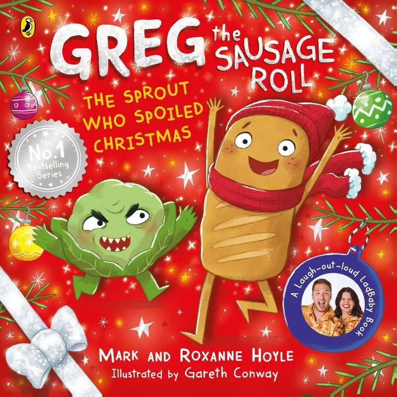 A cheerful greg the sausage roll character wearing red hat and scarf on festive cover of greg the sausage product