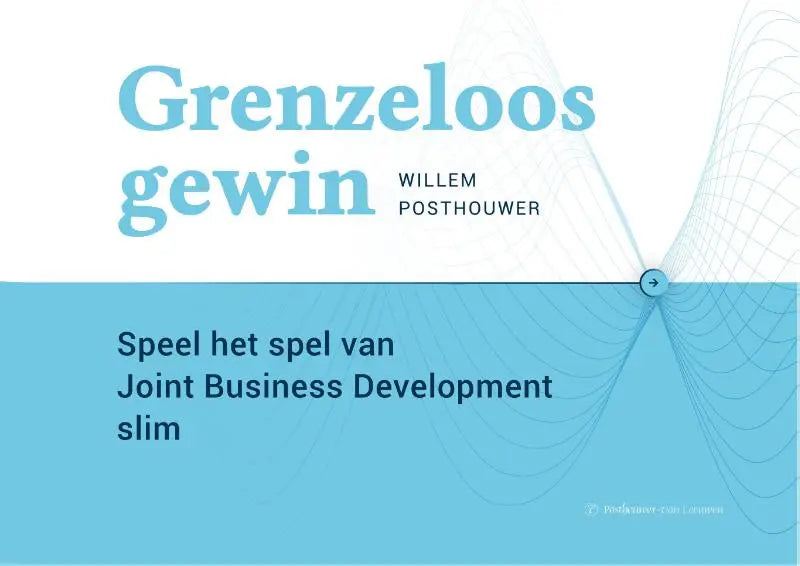 De boekcover van grenzeloos gewin door willem posthouwer in lichte blauwtinten voor joint business development