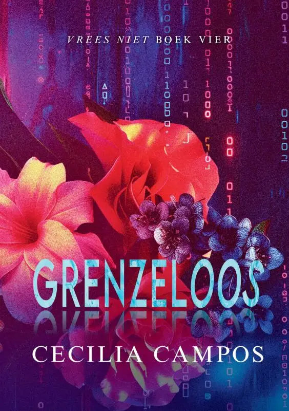 Vibrante rode en roze bloemen tegen digitale binaire code op de cover van grenzeloos boek vier deel binnen