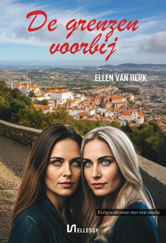 Boekdekaft de grenzen voorbij van ellen van herk met rode titel tegen een panoramisch stadzicht met terracottadaken