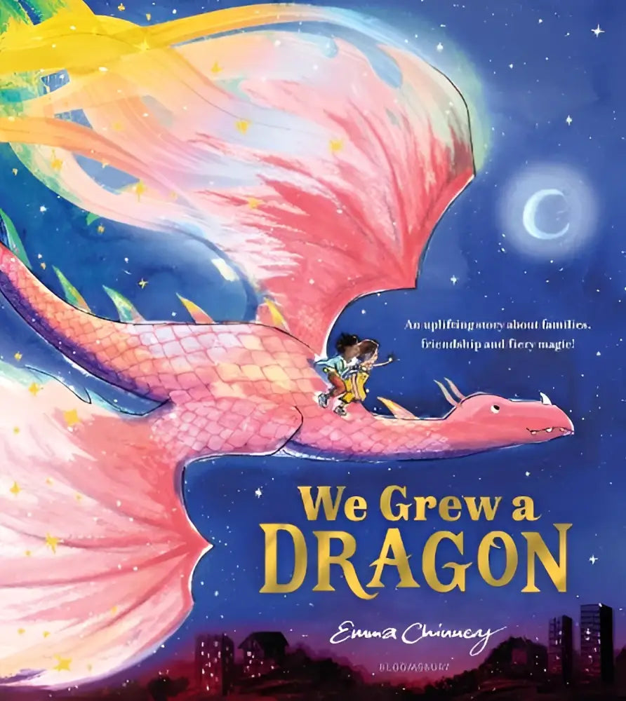 We grew a dragon is an uplifting story about families featuring a vibrant pink dragon carrying children at night
