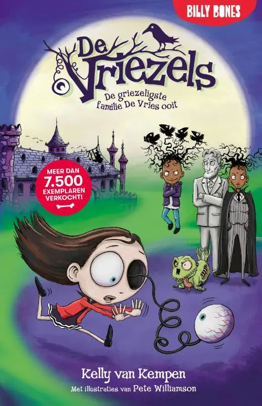 De cover van het kinderboek de vriezels door kelly van kempen toont de griezeligste familie de vries ooit met spookachtige figuren en een spookkasteel