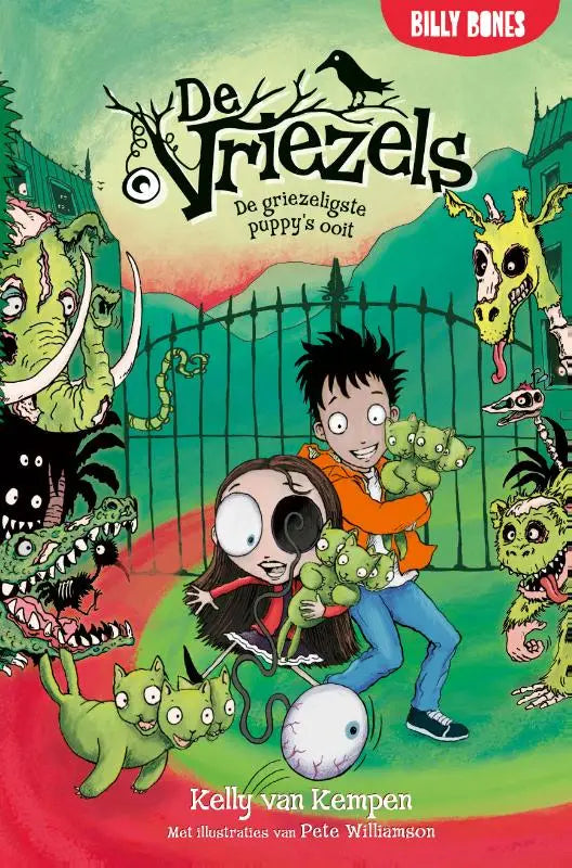 De cover van het kinderboek de vriezels door Billy Bones met groene monsters voor de griezeligste puppy’s ooit