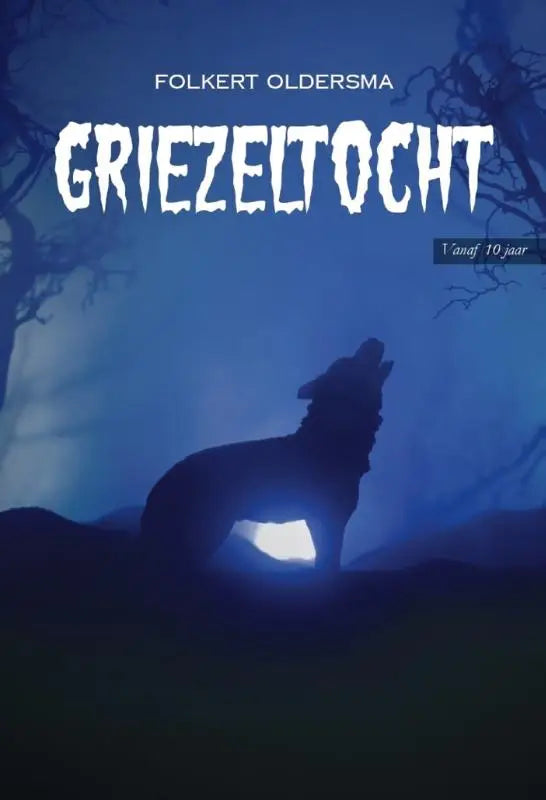 Een donkere silhouet van een huilende wolf tegen een sfeervolle blauwe achtergrond voor griezeltocht