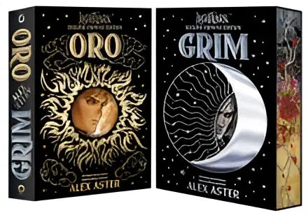 De twee hardcover boeken grim and oro dueling crowns edition van alex aster hebben zwarte ruggen met gouden folieontwerpen