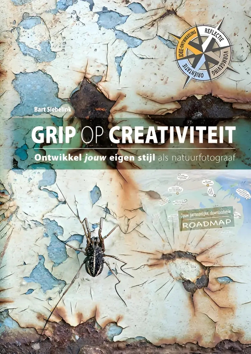 Boekcover grip op creativiteit met blauwe en roestbruine geschubde verf en insect voor natuurfotografie stijlontwikkeling