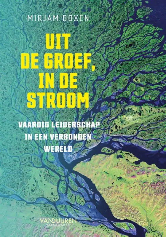 De boekcover van uit de groef in de stroom toont een levendig luchtbeeld van rivierstromen in groen en blauw voor vaardig leiderschap in een verbonden wereld