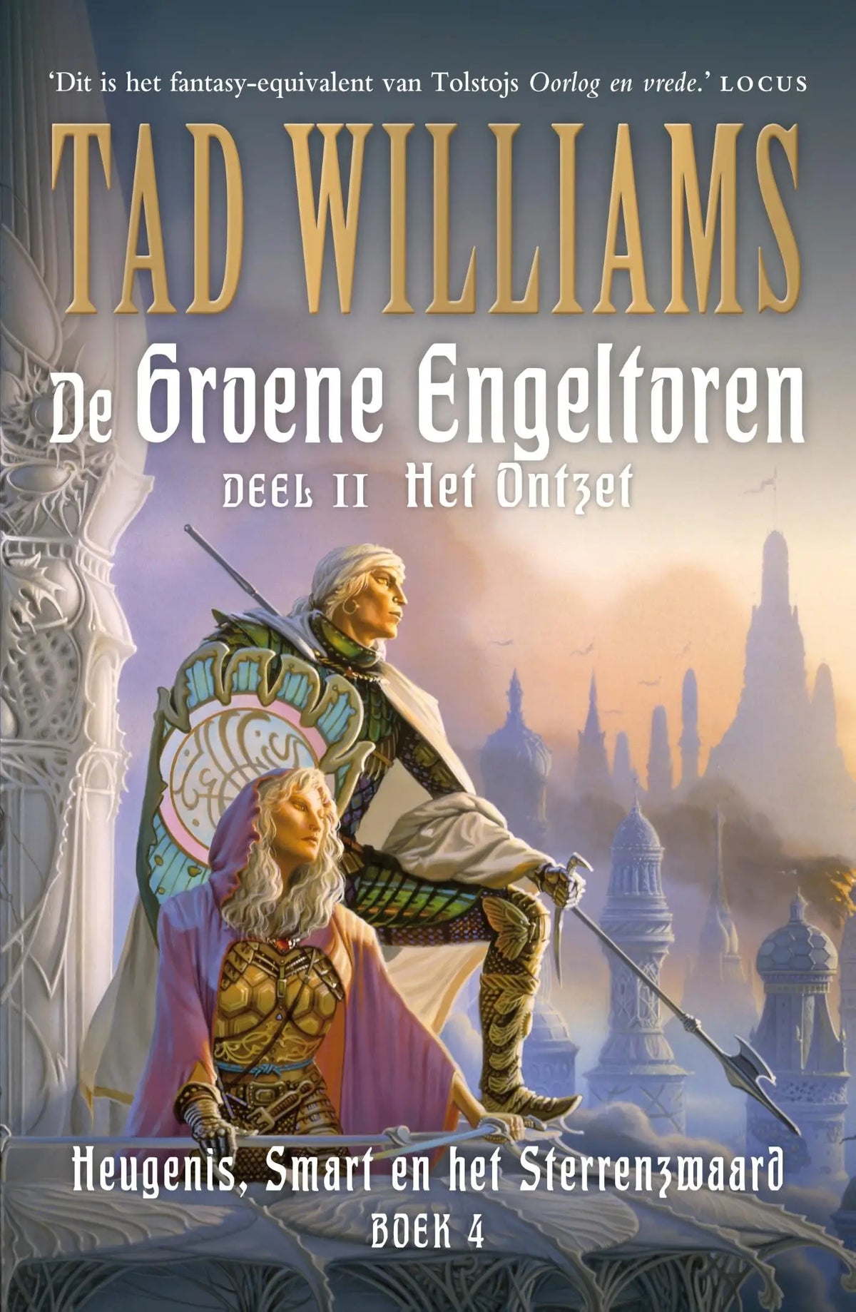 De groene engeltoren van tad williams met illustratie van twee gewapende figuren en spitse torens uitgegeven door luitingh sijthoff