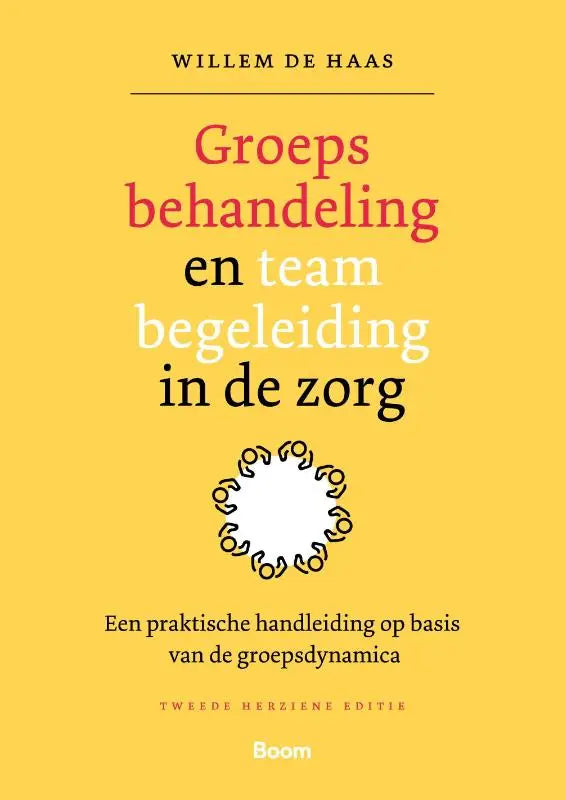 Geel boekcover met rode en zwarte tekst van groepsbehandeling en teambegeleiding in de zorg door willem de haas uitgegeven door koninklijke boom uitgevers