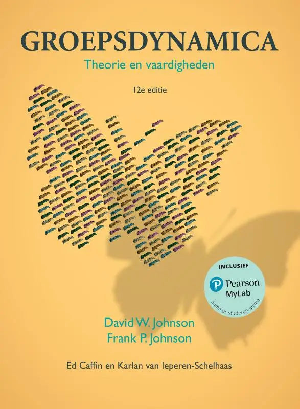 De boekcover van groepsdynamica door david johnson en frank johnson toont een kleurrijke vlinder van kleine auto’s op gele achtergrond voor hoger onderwijs