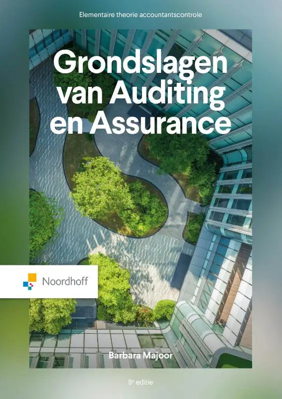 De boekomslag van grondslagen van auditing en assurance 9e editie door Barbara Majoer, uitgegeven door Noordhoff