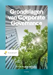 Boekgrondslagen van corporate governance in teal kleur met twee groene bomen en zonnestralen voor bedrijfskunde hoger onderwijs