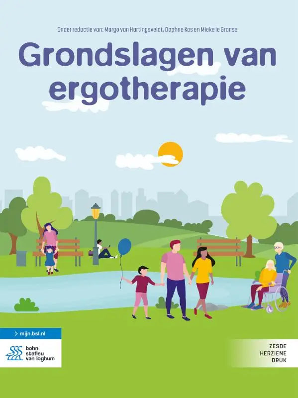 De cover van het boek grondslagen van ergotherapie toont een kleurrijke parkillustratie onder een felle zon bsl media verdieping binnen