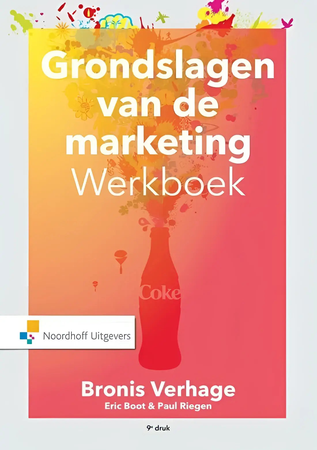 De cover van het grondslagen van de marketing werkboek met een rode coca-colafles op een geel-oranje-roze verloop achtergrond