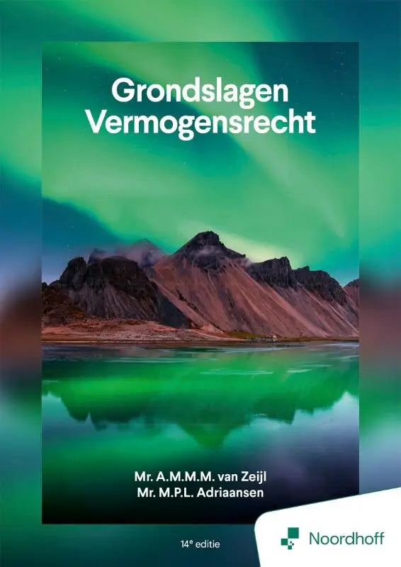De boekcover van Grondslagen vermogensrecht toont groene aurora’s boven ruige bergen met witte tekst