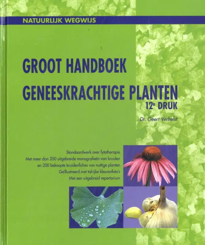 Groen hardcover groot handboek geneeskrachtige planten met blauwe tekst en paarse zonnehoed illustratie