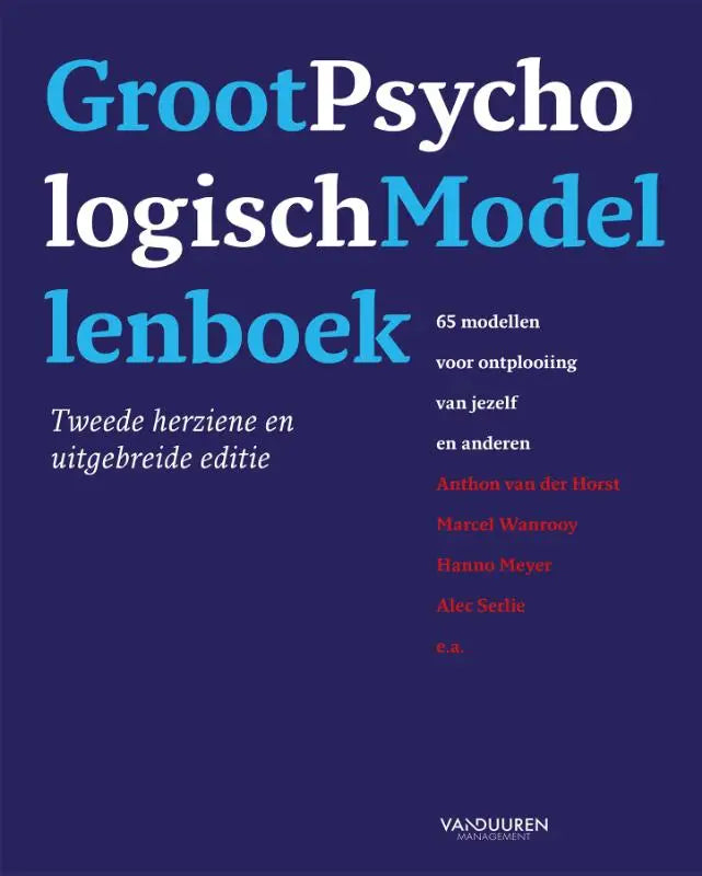 Diepblauw boekomslag van het groot psychologisch modellenboek met witte en lichtblauwe tekst en rode auteursnamen