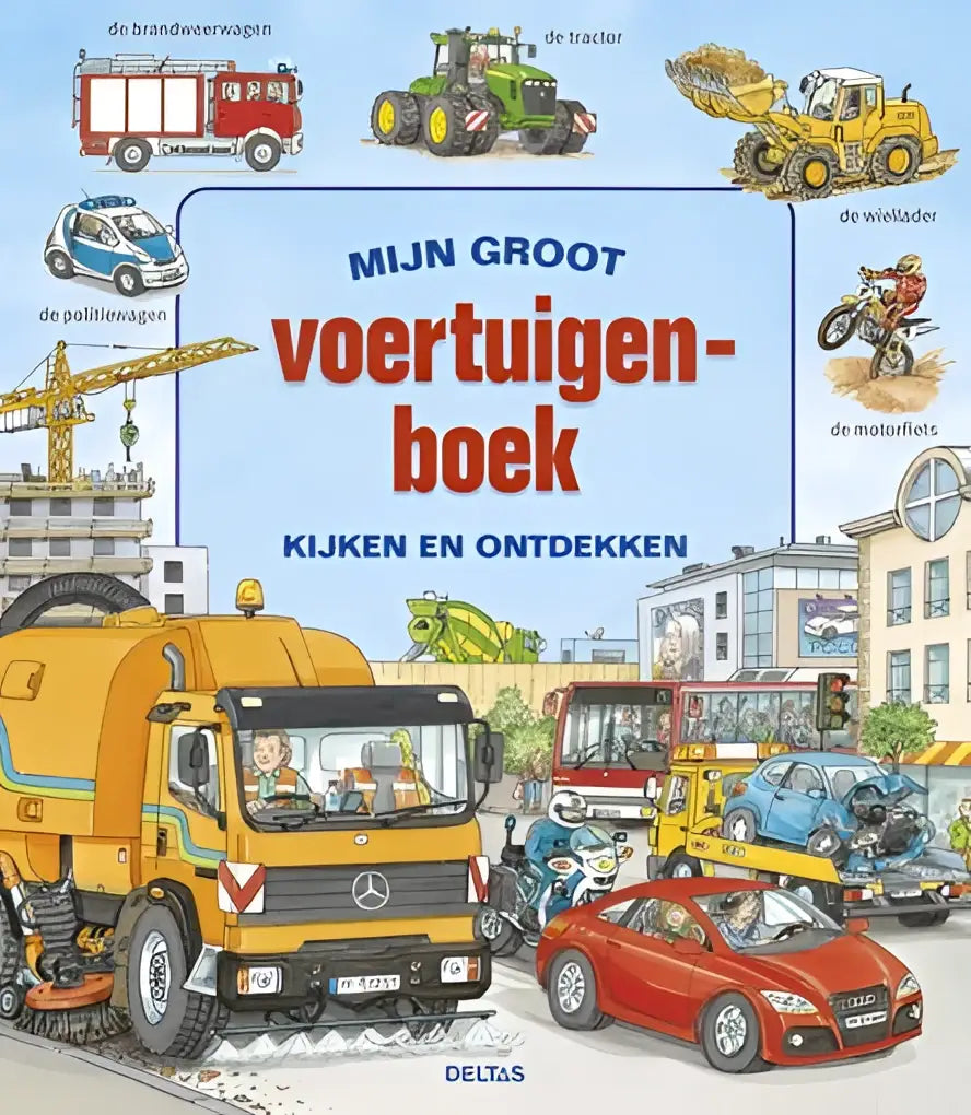 Gele mercedes-benz straatveger met grote borstel en zwarte wielen in het groot voertuigenboek voor jonge lezers