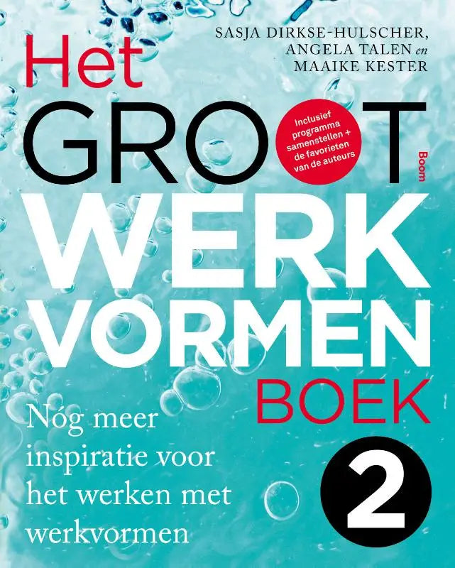 De cover van het groot werkvormenboek boek 2 toont een modern typografisch ontwerp met turquoise achtergrond en bubbelgrafieken