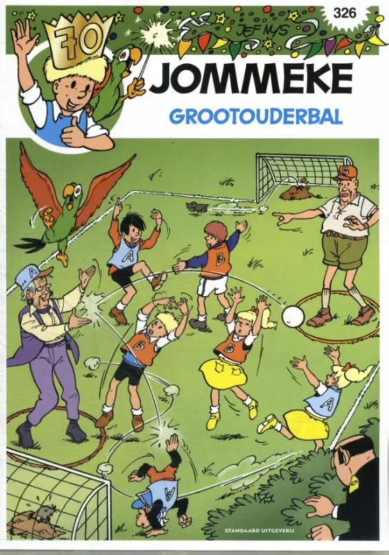 Kleurrijke comicstripcover grootouderbal met jommeke in een feestelijk voetbalspel, kristof berte informatieve strips